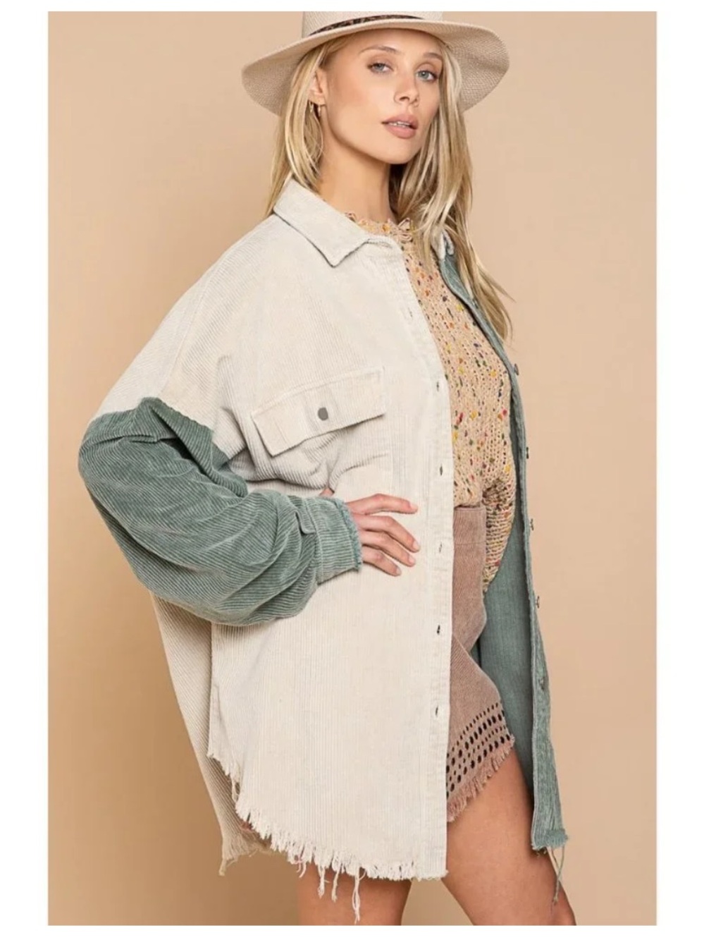 POL Colorblock Corduroy Oversized Shacket Sage Jade Cream Boho Large - Picture 6 of 9